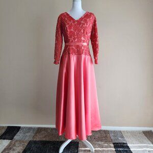 Coral Tea Length Custom Dress Lace Bodice Satin Skirt Scarf Detachable Belt